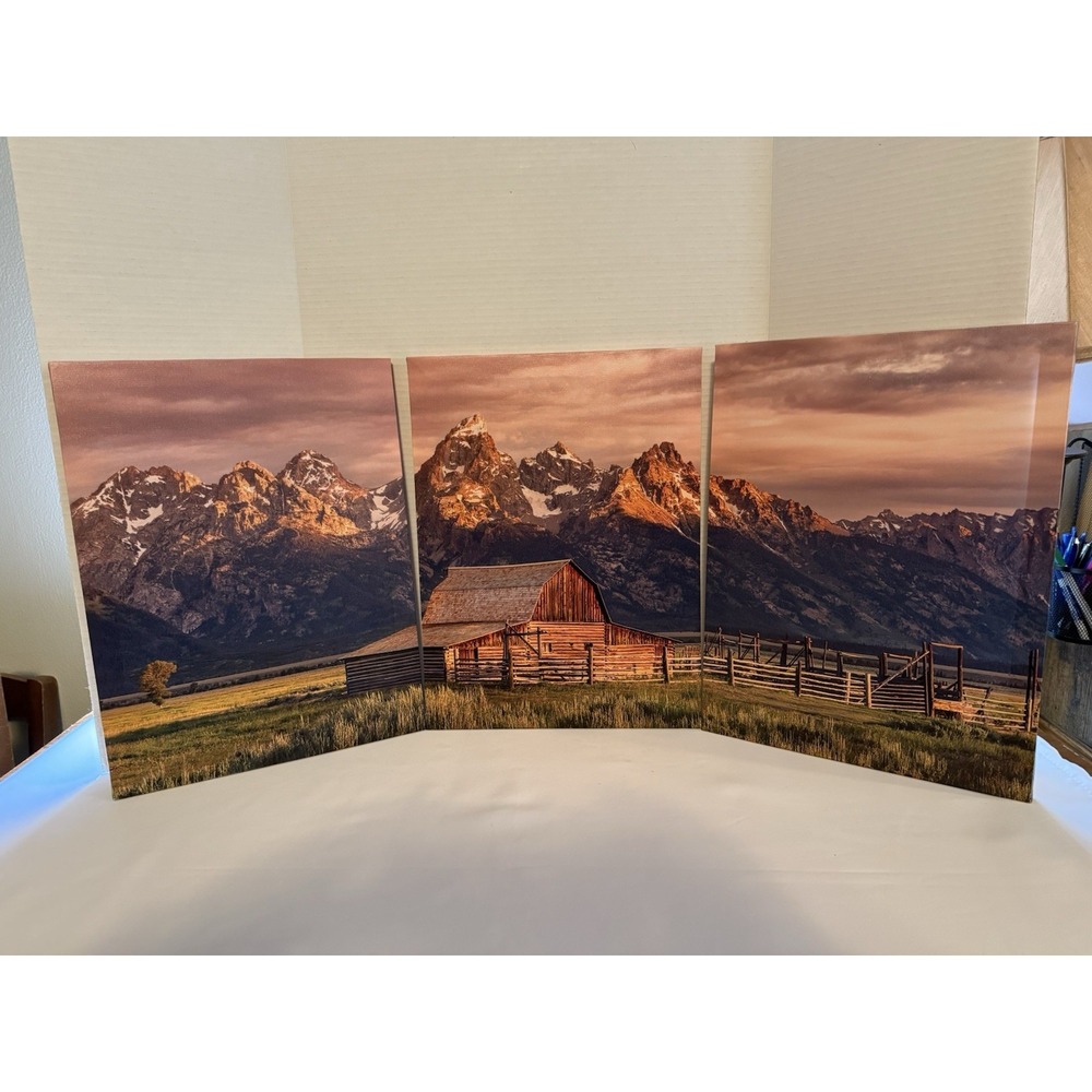 3 piece Country Barn/ Mountain Scene wall art framed set.